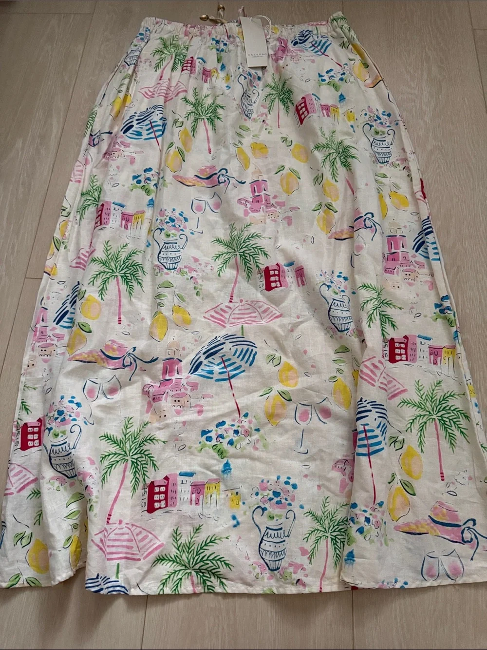 Calypso St. Barth Linen Blend Cream Drawstring Skirt with Pastel Floral Accents